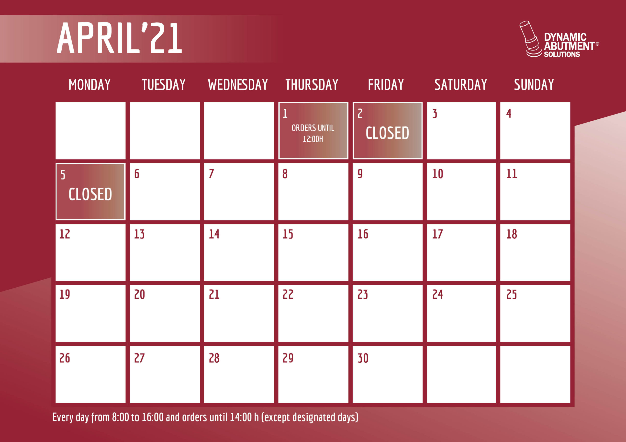 TIMETABLE EASTER HOLIDAYS 2021 - Dynamic Abutment Solutions EN